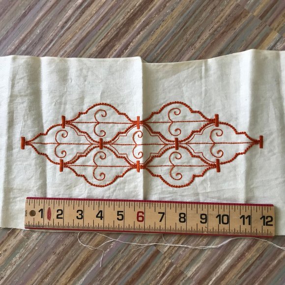 Completed Burnt Orange Scrollwork Hand Embroidered Sampler Fabric 9x54" - Picture 1 of 4